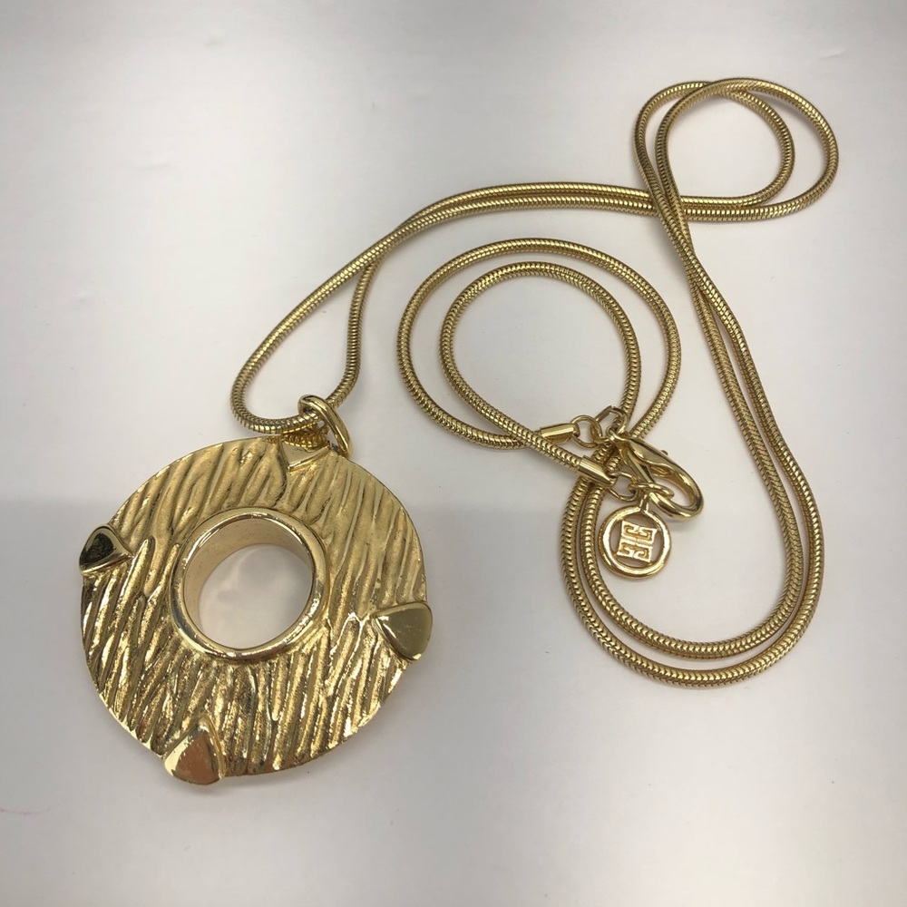 Vintage Givenchy Paris  Gold Matte Long Necklace Round Pendant